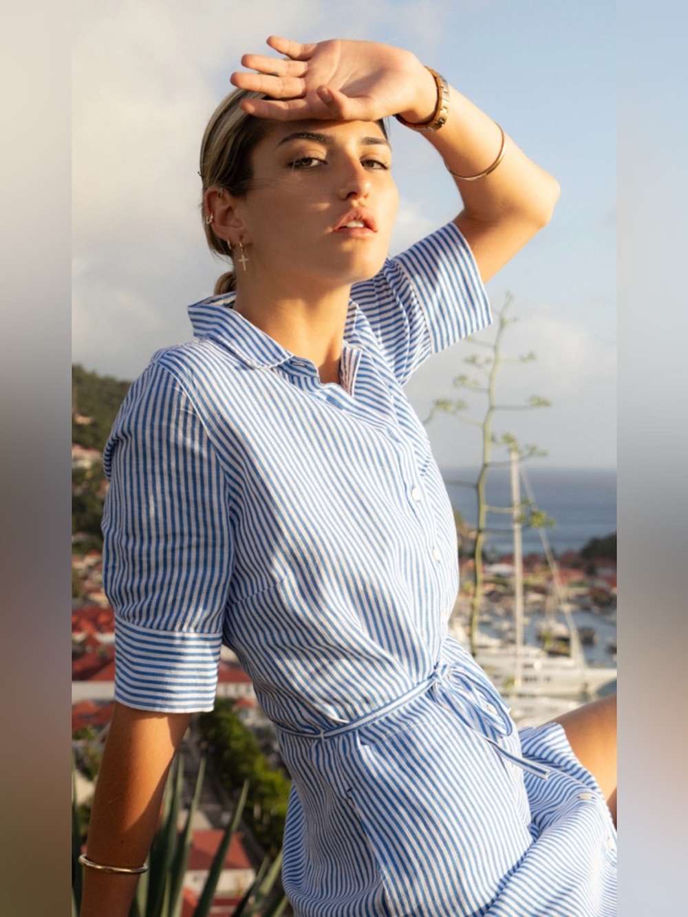 VOILA ST. BARTH ROSELLA LINEN SHIRT DRESS IN STRIPES, SIZE 38 (US 6-8).
